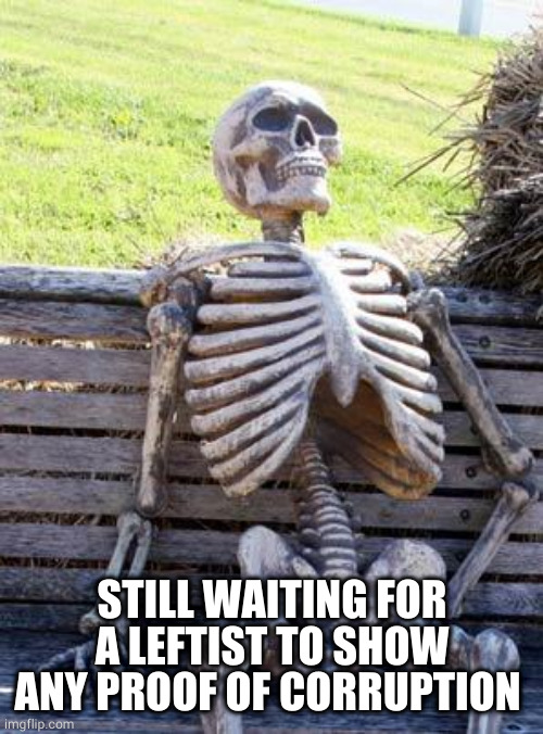Waiting Skeleton Meme | STILL WAITING FOR A LEFTIST TO SHOW ANY PROOF OF CORRUPTION | image tagged in memes,waiting skeleton | made w/ Imgflip meme maker