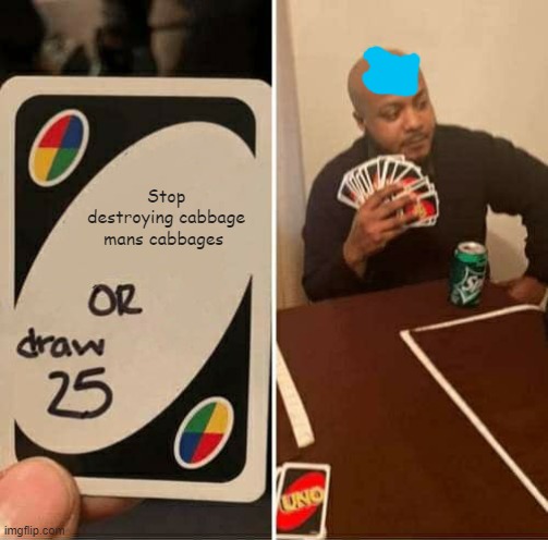 UNO Draw 25 Cards | Stop destroying cabbage mans cabbages | image tagged in memes,uno draw 25 cards | made w/ Imgflip meme maker