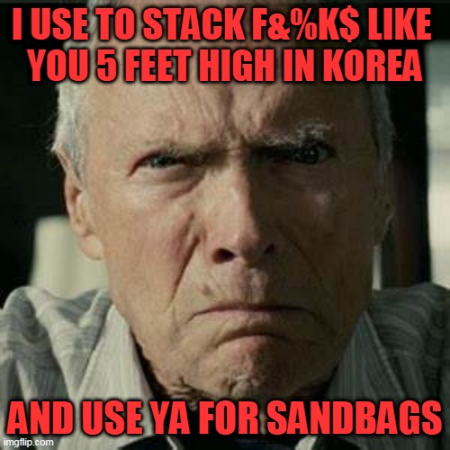 clint eastwood | I USE TO STACK F&%K$ LIKE 
YOU 5 FEET HIGH IN KOREA; AND USE YA FOR SANDBAGS | image tagged in eastwood,grand torino,punks | made w/ Imgflip meme maker