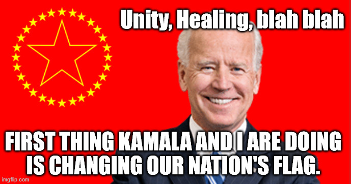 Unity, Healing, blah blah FIRST THING KAMALA AND I ARE DOING
IS CHANGING OUR NATION'S FLAG. | made w/ Imgflip meme maker