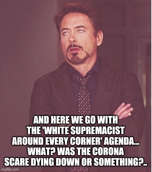 Yes yes, white supremacists plotting to kill everyone *yawn* hide your kids, hide your wife etc etc.. | AND HERE WE GO WITH THE 'WHITE SUPREMACIST AROUND EVERY CORNER' AGENDA... WHAT? WAS THE CORONA SCARE DYING DOWN OR SOMETHING?.. | image tagged in memes,face you make robert downey jr | made w/ Imgflip meme maker