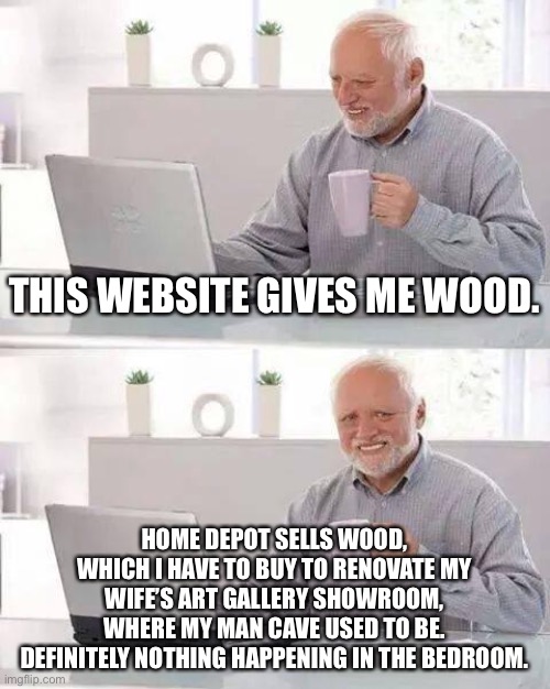 Wifey seized the man cave | THIS WEBSITE GIVES ME WOOD. HOME DEPOT SELLS WOOD, WHICH I HAVE TO BUY TO RENOVATE MY WIFE’S ART GALLERY SHOWROOM, WHERE MY MAN CAVE USED TO BE. DEFINITELY NOTHING HAPPENING IN THE BEDROOM. | image tagged in memes,hide the pain harold,men and women,husband wife,bad joke,internet | made w/ Imgflip meme maker