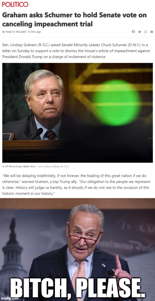mmmmmm how about we try a tiny bit of accountability first | BITCH, PLEASE. | image tagged in lindsey graham impeachment,chuck schumer scold | made w/ Imgflip meme maker