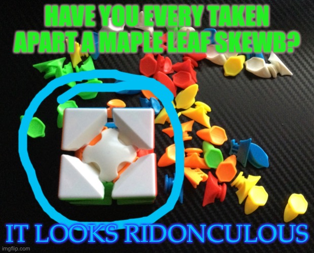 The inner skeleton of a maple leaf skewb | HAVE YOU EVERY TAKEN APART A MAPLE LEAF SKEWB? IT LOOKS RIDONCULOUS | image tagged in skewb,rubiks cube,ridonculous,lol | made w/ Imgflip meme maker