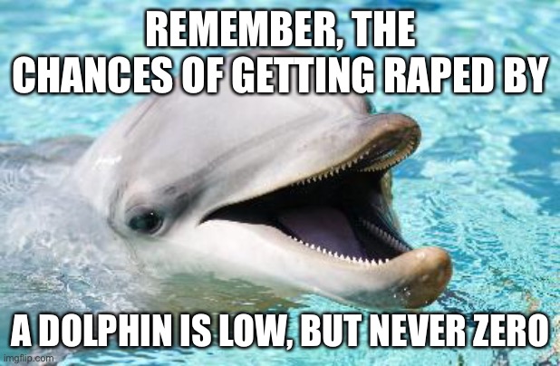 *casually going insane* | REMEMBER, THE CHANCES OF GETTING RAPED BY; A DOLPHIN IS LOW, BUT NEVER ZERO | image tagged in dumb joke dolphin | made w/ Imgflip meme maker