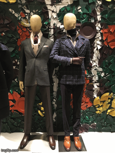 Gentlemen prefer each other. | image tagged in gifs,fashion,brioni,isaia,saks fifth avenue,gay art | made w/ Imgflip images-to-gif maker