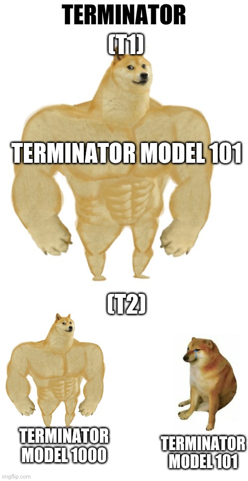 Terminator models 1&2 | TERMINATOR; (T1); TERMINATOR MODEL 101; (T2); TERMINATOR MODEL 1000; TERMINATOR MODEL 101 | image tagged in buff doge,memes,buff doge vs cheems,terminator 1,terminator 2 | made w/ Imgflip meme maker