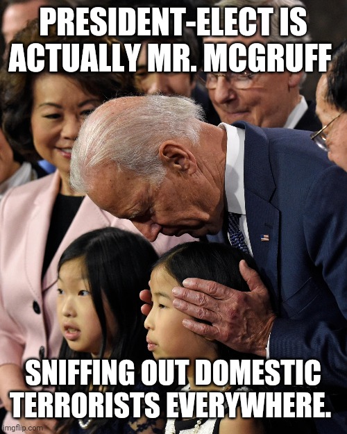 Joe Biden sniffs Chinese child | PRESIDENT-ELECT IS ACTUALLY MR. MCGRUFF; SNIFFING OUT DOMESTIC TERRORISTS EVERYWHERE. | image tagged in joe biden sniffs chinese child | made w/ Imgflip meme maker