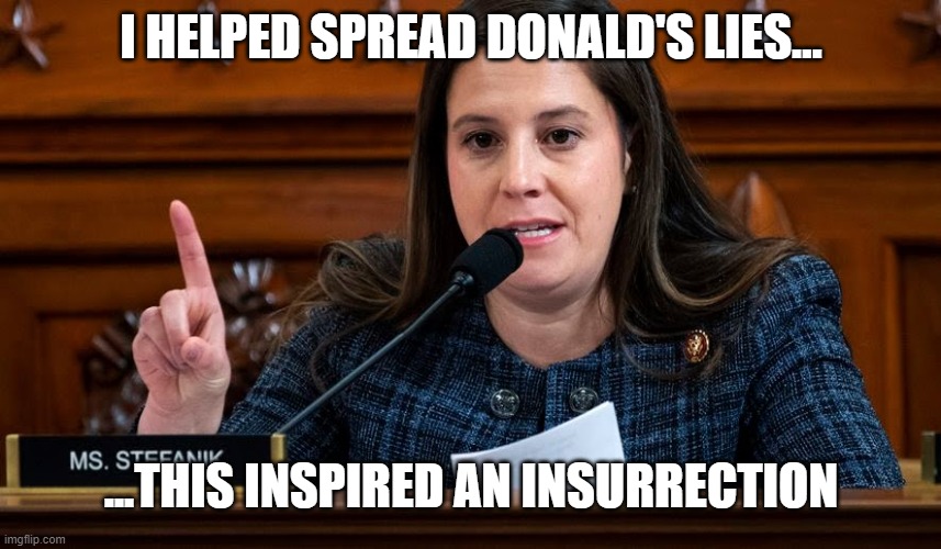 Seditious Stefanik | I HELPED SPREAD DONALD'S LIES... ...THIS INSPIRED AN INSURRECTION | image tagged in elise stefanik | made w/ Imgflip meme maker