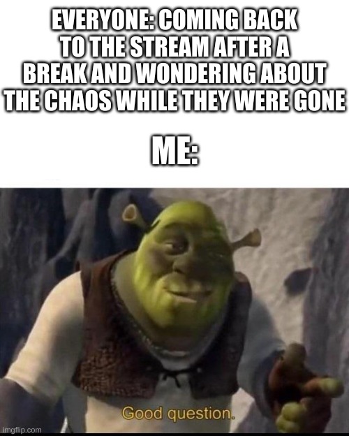 basically, zach tried to start a war | EVERYONE: COMING BACK TO THE STREAM AFTER A BREAK AND WONDERING ABOUT THE CHAOS WHILE THEY WERE GONE; ME: | image tagged in memes,funny,shrek,good question | made w/ Imgflip meme maker