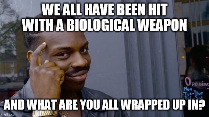 Roll Safe Think About It Meme | WE ALL HAVE BEEN HIT WITH A BIOLOGICAL WEAPON; AND WHAT ARE YOU ALL WRAPPED UP IN? | image tagged in memes,roll safe think about it | made w/ Imgflip meme maker