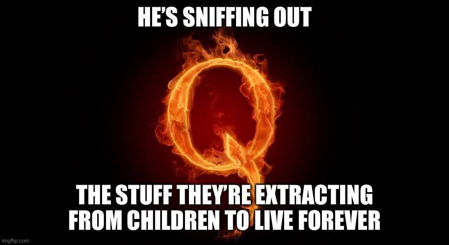 QANON | HE’S SNIFFING OUT THE STUFF THEY’RE EXTRACTING FROM CHILDREN TO LIVE FOREVER | image tagged in qanon | made w/ Imgflip meme maker