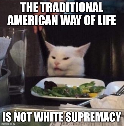 Annoyed White Cat | THE TRADITIONAL AMERICAN WAY OF LIFE IS NOT WHITE SUPREMACY | image tagged in annoyed white cat | made w/ Imgflip meme maker