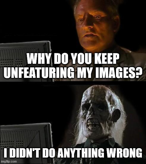 I'll Just Wait Here Meme | WHY DO YOU KEEP UNFEATURING MY IMAGES? I DIDN'T DO ANYTHING WRONG | image tagged in memes,i'll just wait here | made w/ Imgflip meme maker