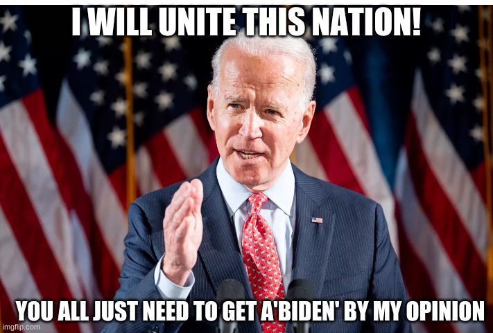 I WILL UNITE THIS NATION! YOU ALL JUST NEED TO GET A'BIDEN' BY MY OPINION | image tagged in joe biden | made w/ Imgflip meme maker
