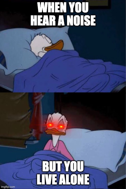 r/holup | WHEN YOU HEAR A NOISE; BUT YOU LIVE ALONE | image tagged in donald duck waking up | made w/ Imgflip meme maker
