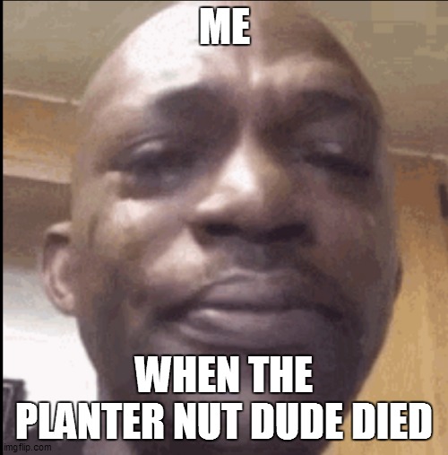 RIP planter nut dude | ME; WHEN THE PLANTER NUT DUDE DIED | image tagged in crying black dude,sad,rip | made w/ Imgflip meme maker
