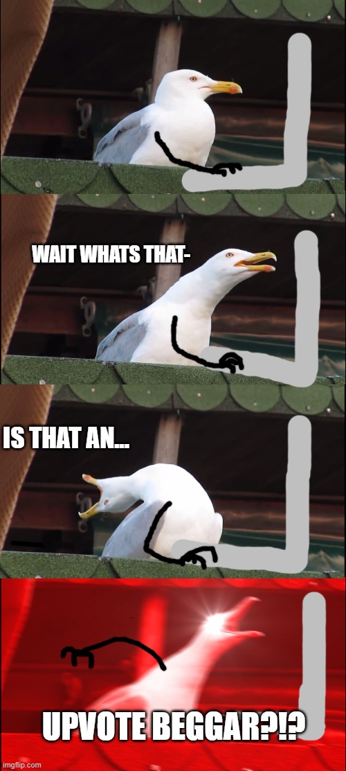 Inhaling Seagull Meme | WAIT WHATS THAT-; IS THAT AN... UPVOTE BEGGAR?!? | image tagged in memes,inhaling seagull | made w/ Imgflip meme maker