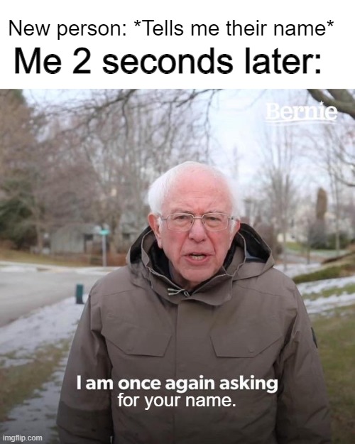 Bernie I Am Once Again Asking For Your Support | New person: *Tells me their name*; Me 2 seconds later:; for your name. | image tagged in memes,bernie i am once again asking for your support,name | made w/ Imgflip meme maker