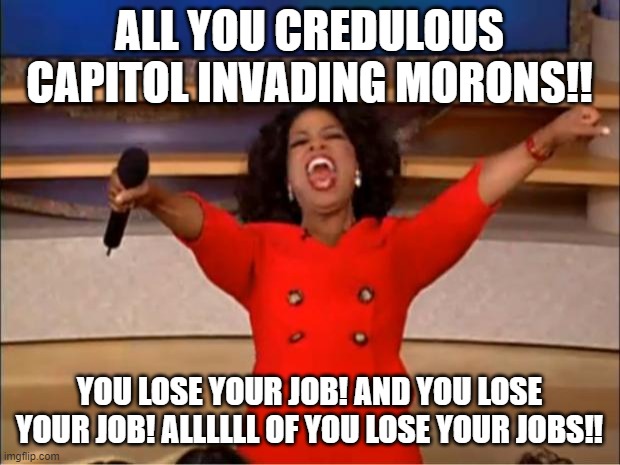 Oprah You Get A | ALL YOU CREDULOUS CAPITOL INVADING MORONS!! YOU LOSE YOUR JOB! AND YOU LOSE YOUR JOB! ALLLLLL OF YOU LOSE YOUR JOBS!! | image tagged in memes,oprah you get a | made w/ Imgflip meme maker