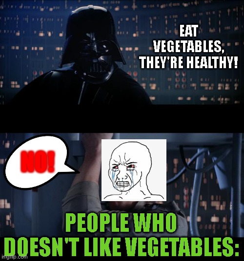 NO! | EAT VEGETABLES, THEY'RE HEALTHY! NO! PEOPLE WHO DOESN'T LIKE VEGETABLES: | image tagged in memes,star wars no | made w/ Imgflip meme maker