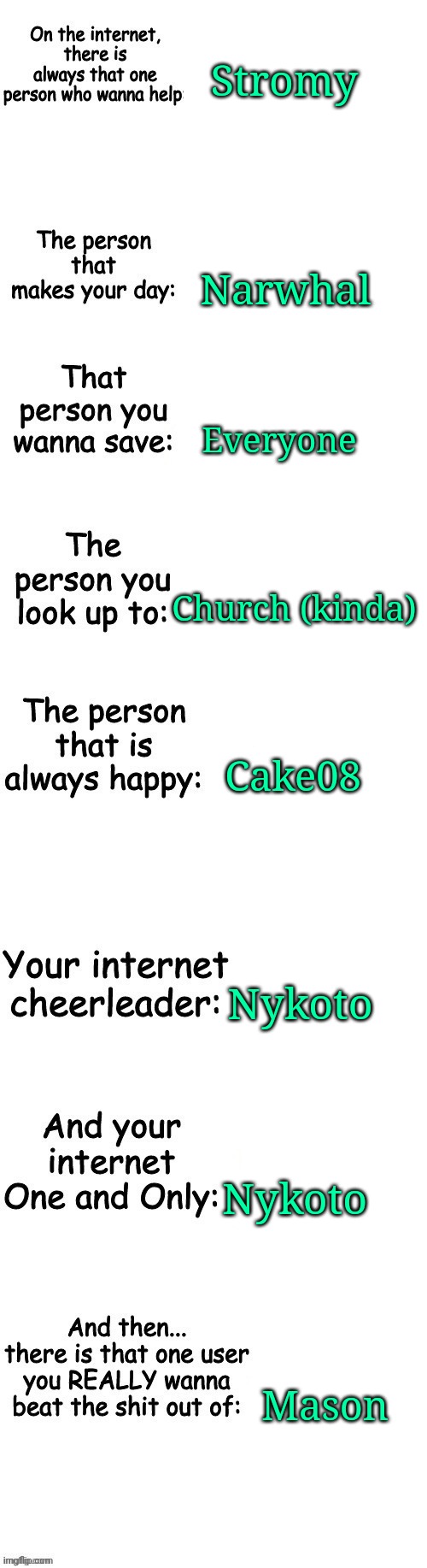 People on the internet | Stromy; Narwhal; Everyone; Church (kinda); Cake08; Nykoto; Nykoto; Mason | image tagged in people on the internet | made w/ Imgflip meme maker
