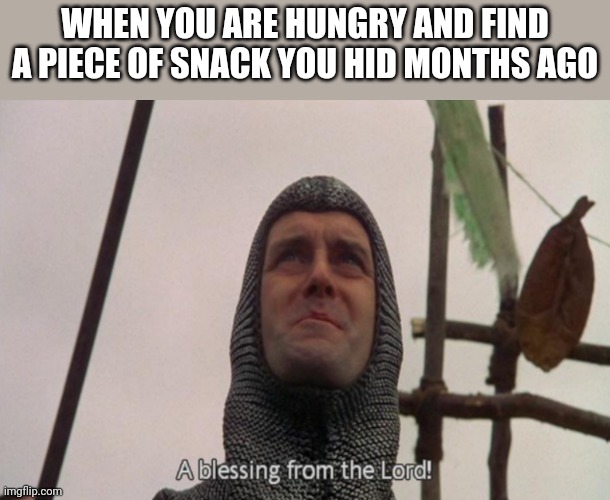 A blessing from the lord | WHEN YOU ARE HUNGRY AND FIND A PIECE OF SNACK YOU HID MONTHS AGO | image tagged in a blessing from the lord | made w/ Imgflip meme maker