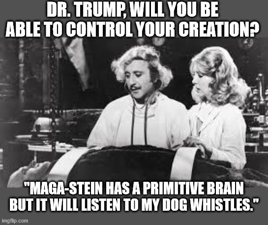 Dr. Trump loses control of MAGA-stein | DR. TRUMP, WILL YOU BE ABLE TO CONTROL YOUR CREATION? "MAGA-STEIN HAS A PRIMITIVE BRAIN BUT IT WILL LISTEN TO MY DOG WHISTLES." | image tagged in donald trump,stop the steal,maga,riots,hypocrite,republicans | made w/ Imgflip meme maker