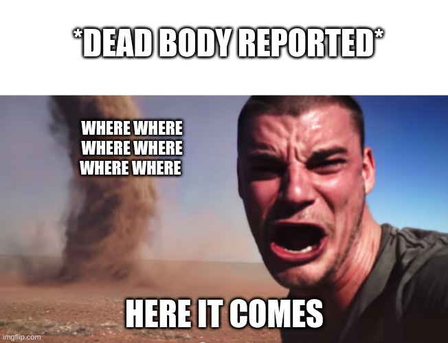 *DEAD BODY REPORTED*; WHERE WHERE WHERE WHERE WHERE WHERE; HERE IT COMES | image tagged in here it comes,among us,dead body reported | made w/ Imgflip meme maker