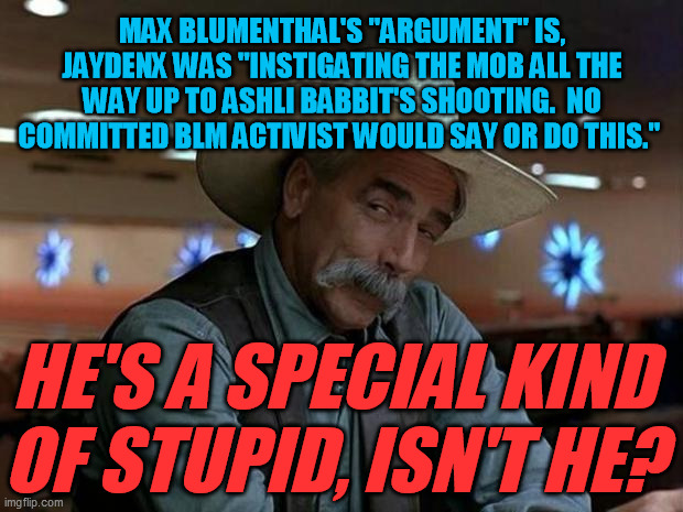 special kind of stupid | MAX BLUMENTHAL'S "ARGUMENT" IS, JAYDENX WAS "INSTIGATING THE MOB ALL THE WAY UP TO ASHLI BABBIT'S SHOOTING.  NO COMMITTED BLM ACTIVIST WOULD | image tagged in special kind of stupid | made w/ Imgflip meme maker