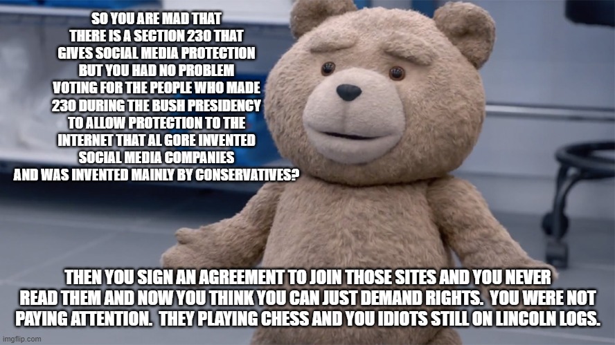 As an independent I think Both sides should do more reading and less complaining. | SO YOU ARE MAD THAT THERE IS A SECTION 230 THAT GIVES SOCIAL MEDIA PROTECTION BUT YOU HAD NO PROBLEM VOTING FOR THE PEOPLE WHO MADE 230 DURING THE BUSH PRESIDENCY TO ALLOW PROTECTION TO THE INTERNET THAT AL GORE INVENTED SOCIAL MEDIA COMPANIES AND WAS INVENTED MAINLY BY CONSERVATIVES? THEN YOU SIGN AN AGREEMENT TO JOIN THOSE SITES AND YOU NEVER READ THEM AND NOW YOU THINK YOU CAN JUST DEMAND RIGHTS.  YOU WERE NOT PAYING ATTENTION.  THEY PLAYING CHESS AND YOU IDIOTS STILL ON LINCOLN LOGS. | image tagged in ted question | made w/ Imgflip meme maker