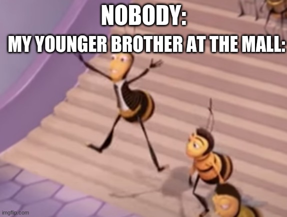 relatable |  MY YOUNGER BROTHER AT THE MALL:; NOBODY: | image tagged in bee movie jump | made w/ Imgflip meme maker