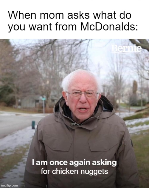 Gimme my Dino Nuggies please | When mom asks what do you want from McDonalds:; for chicken nuggets | image tagged in white rectangle,memes,bernie i am once again asking for your support,chicken nuggets,mcdonalds | made w/ Imgflip meme maker