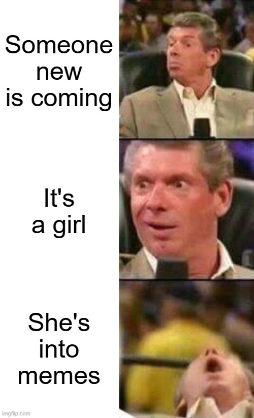 Vince McMahon  | Someone new is coming; It's a girl; She's into memes | image tagged in vince mcmahon | made w/ Imgflip meme maker