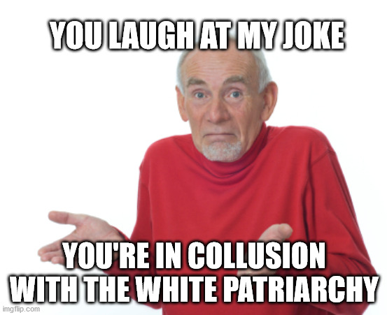 Guess I'll die  | YOU LAUGH AT MY JOKE; YOU'RE IN COLLUSION WITH THE WHITE PATRIARCHY | image tagged in guess i'll die | made w/ Imgflip meme maker