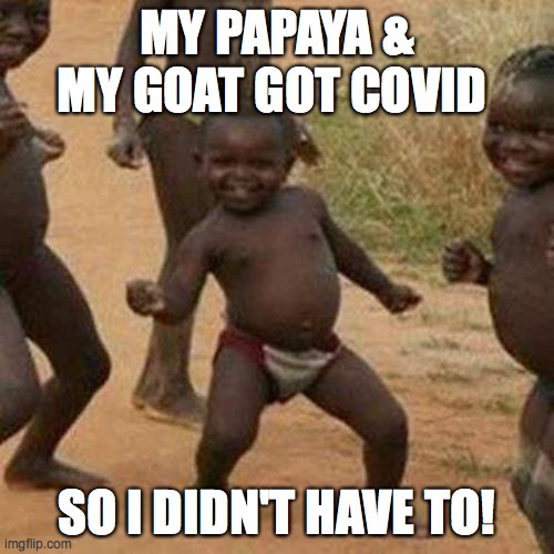 papaya, goat | MY PAPAYA & MY GOAT GOT COVID; SO I DIDN'T HAVE TO! | image tagged in memes,third world success kid | made w/ Imgflip meme maker