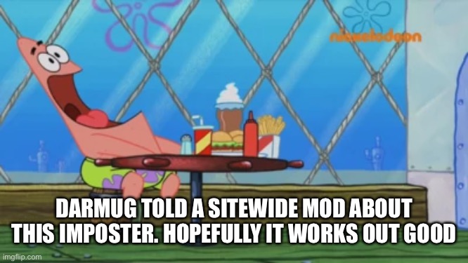 Patrick Star | DARMUG TOLD A SITEWIDE MOD ABOUT THIS IMPOSTER. HOPEFULLY IT WORKS OUT GOOD | image tagged in patrick star | made w/ Imgflip meme maker