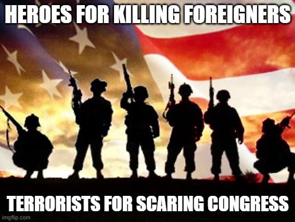 veterans day | HEROES FOR KILLING FOREIGNERS; TERRORISTS FOR SCARING CONGRESS | image tagged in veterans day | made w/ Imgflip meme maker