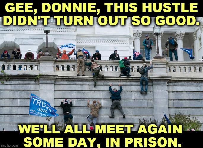 Capitol Riot by invitation of Trump | GEE, DONNIE, THIS HUSTLE DIDN'T TURN OUT SO GOOD. WE'LL ALL MEET AGAIN 
SOME DAY, IN PRISON. | image tagged in capitol riot by invitation of trump,trump,fans,stupid,criminals | made w/ Imgflip meme maker
