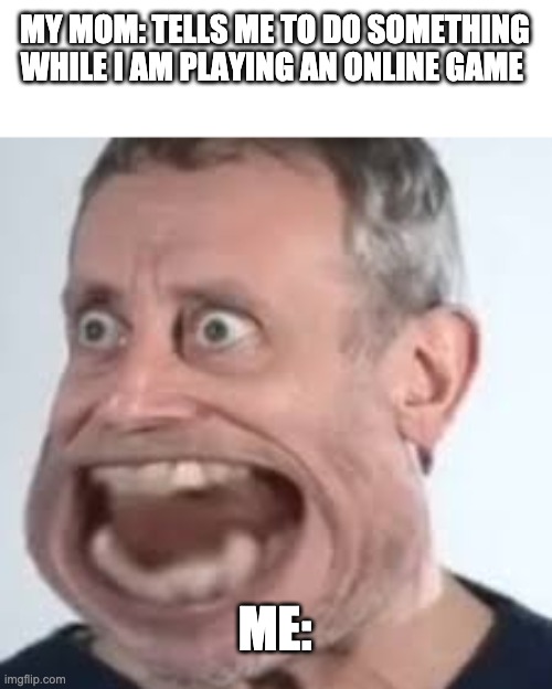 michael | MY MOM: TELLS ME TO DO SOMETHING WHILE I AM PLAYING AN ONLINE GAME; ME: | image tagged in michael rosen | made w/ Imgflip meme maker