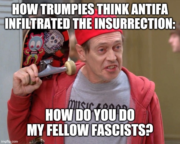 Steve Buscemi Fellow Kids | HOW TRUMPIES THINK ANTIFA INFILTRATED THE INSURRECTION:; HOW DO YOU DO MY FELLOW FASCISTS? | image tagged in steve buscemi fellow kids | made w/ Imgflip meme maker
