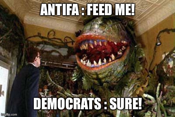 Little Politicians of Horror | ANTIFA : FEED ME! DEMOCRATS : SURE! | image tagged in little shop of horrors,antifa | made w/ Imgflip meme maker