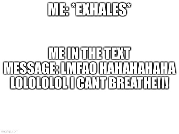 Blank White Template | ME: *EXHALES*; ME IN THE TEXT MESSAGE: LMFAO HAHAHAHAHA LOLOLOLOL I CANT BREATHE!!! | image tagged in texting,memes,relatable,funny | made w/ Imgflip meme maker