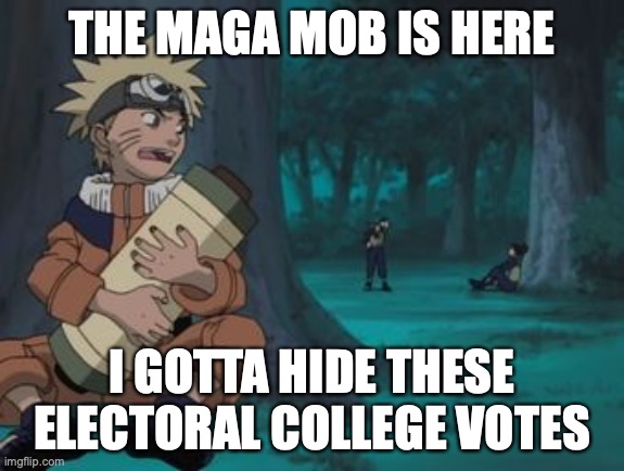 Naruto Hiding | THE MAGA MOB IS HERE; I GOTTA HIDE THESE ELECTORAL COLLEGE VOTES | image tagged in naruto hiding | made w/ Imgflip meme maker