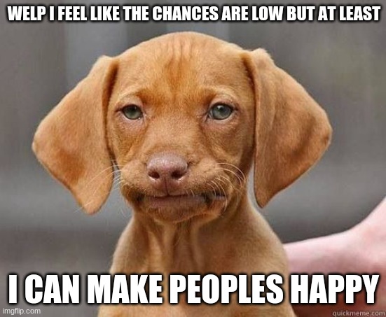 MFW WELP | WELP I FEEL LIKE THE CHANCES ARE LOW BUT AT LEAST I CAN MAKE PEOPLES HAPPY | image tagged in mfw welp | made w/ Imgflip meme maker