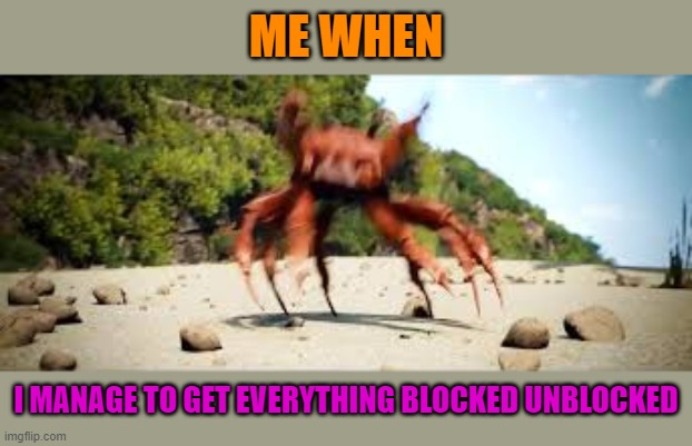 It's true, i did actully. (8 points) | ME WHEN; I MANAGE TO GET EVERYTHING BLOCKED UNBLOCKED | image tagged in crab rave,unblocked,woo | made w/ Imgflip meme maker