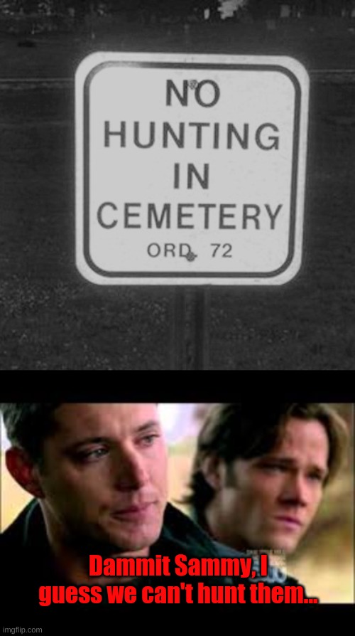 Sam and Dean can't hunt... | Dammit Sammy, I guess we can't hunt them... | image tagged in no hunting in cemetery,sam and dean crying | made w/ Imgflip meme maker