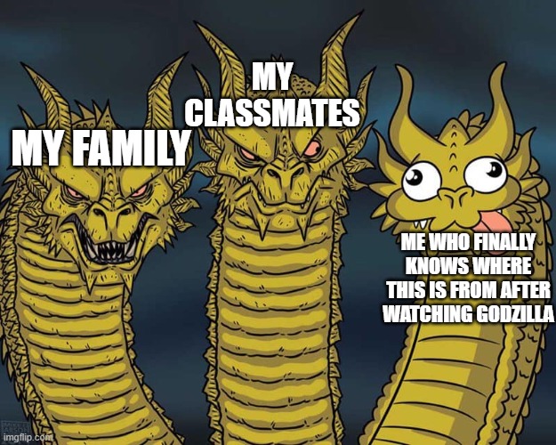 Three dragons | MY CLASSMATES; MY FAMILY; ME WHO FINALLY KNOWS WHERE THIS IS FROM AFTER WATCHING GODZILLA | image tagged in three dragons,godzilla | made w/ Imgflip meme maker
