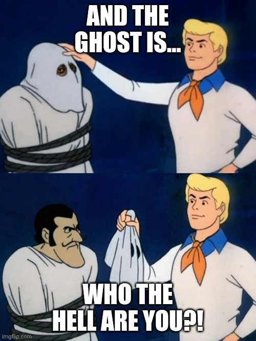 Scooby doo mask reveal | AND THE GHOST IS... WHO THE HELL ARE YOU?! | image tagged in scooby doo mask reveal | made w/ Imgflip meme maker