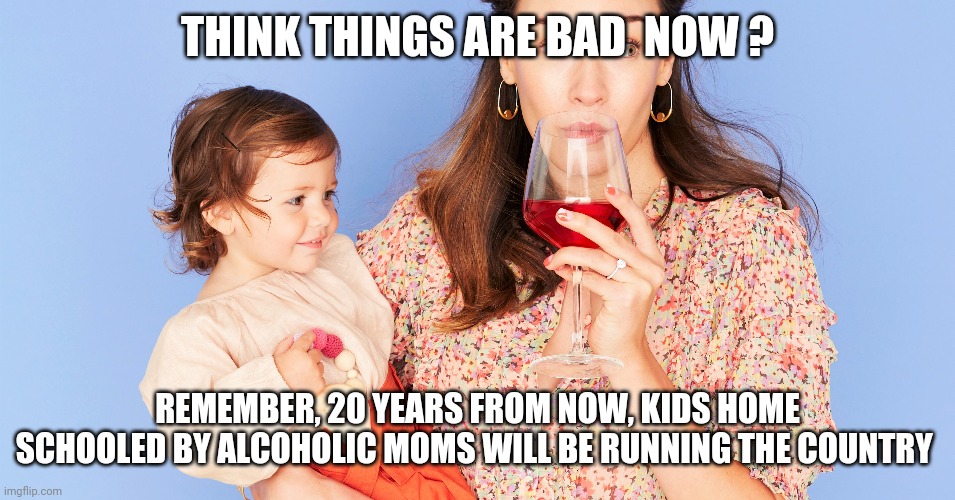 2040 isn't  looking so good | THINK THINGS ARE BAD  NOW ? REMEMBER, 20 YEARS FROM NOW, KIDS HOME SCHOOLED BY ALCOHOLIC MOMS WILL BE RUNNING THE COUNTRY | image tagged in alcohol | made w/ Imgflip meme maker